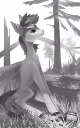 Size: 2000x3200 | Tagged: safe, artist:sivelu, imported from derpibooru, oc, oc only, oc:dot velvet, pegasus, pony, black and white, female, forest, grayscale, mare, monochrome, mug, nature, scenery, solo, spill, tree