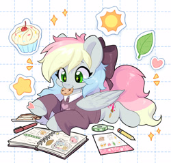 Size: 2968x2833 | Tagged: safe, artist:oofycolorful, imported from derpibooru, oc, oc only, oc:blazey sketch, pegasus, bow, clothes, cookie, female, food, grey fur, hair bow, journal, long hair, long tail, multicolored hair, pegasus oc, scrapbook, smiling, solo, sparkles, sticker, sweater, tail, wings