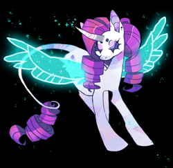 Size: 992x964 | Tagged: safe, artist:cutesykill, imported from derpibooru, rarity, pony, unicorn, artificial wings, augmented, curved horn, eyes closed, female, horn, leonine tail, magic, magic wings, mare, solo, stars, tail, wings