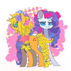 Size: 851x851 | Tagged: safe, artist:cutesykill, imported from derpibooru, applejack, rarity, earth pony, pony, unicorn, braid, duo, ear piercing, earring, female, flower, flower in hair, jewelry, looking at you, mare, neckerchief, piercing