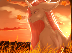 Size: 1100x800 | Tagged: safe, artist:blackberry907, imported from derpibooru, oc, oc only, pony, unicorn, autumn, autumn leaves, curved horn, female, horn, leaf, leaves, mare, solo, sunset