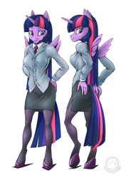 Size: 2171x3070 | Tagged: safe, artist:mysticalpha, imported from derpibooru, twilight sparkle, alicorn, anthro, unguligrade anthro, clothes, simple background, skirt, solo, suit, twilight sparkle (alicorn), white background