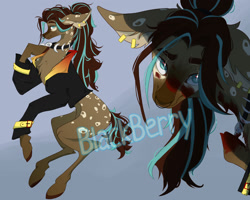 Size: 1280x1024 | Tagged: safe, artist:blackberry907, imported from derpibooru, oc, oc only, earth pony, pony, adoptable, blue background, clothes, coat markings, ear piercing, earring, female, jacket, jewelry, mare, necklace, nose piercing, nose ring, piercing, simple background, watermark