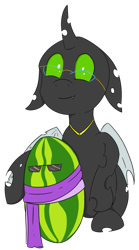 Size: 599x1080 | Tagged: safe, artist:soccy, imported from derpibooru, oc, oc only, oc:éling chang, changeling, derpibooru community collaboration, 2024 community collab, clothes, cute, cute little fangs, fangs, food, glasses, holding, scarf, simple background, sitting, solo, transparent background, watermelon