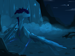 Size: 4000x3000 | Tagged: safe, artist:blackberry907, imported from derpibooru, oc, oc only, alicorn, alicorn oc, commission, curved horn, horn, night, peytral, swimming, water, waterfall, wings, ych result