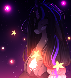 Size: 3000x3300 | Tagged: safe, artist:blackberry907, imported from derpibooru, oc, oc only, pony, unicorn, braid, coat markings, curved horn, female, horn, mare, solo, stars