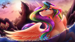 Size: 4800x2700 | Tagged: safe, artist:alzmariowolfe, imported from derpibooru, princess celestia, alicorn, pegasus, pony, absurd resolution, bubble, canterlot, cloud, crepuscular rays, crown, digital art, ear fluff, ethereal mane, ethereal tail, eye clipping through hair, eyebrows, eyebrows visible through hair, eyelashes, feather, female, flowing mane, flowing tail, flying, g4, happy, high res, horn, jewelry, lake, lidded eyes, looking up, mare, mountain, mountain range, partially submerged, pink eyes, regalia, sky, smiling, solo, sparkles, spread wings, starry mane, starry tail, stars, sunlight, sunset, swimming, tail, unshorn fetlocks, water, wings