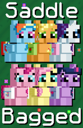 Size: 1036x1596 | Tagged: safe, artist:silk-rose, imported from derpibooru, applejack, fluttershy, pinkie pie, rainbow dash, rarity, twilight sparkle, bag, cover art, drop shadow, flower, mane six, minecraft, minecraft pixel art, pixel art, saddle bag, text, tiled background, upscaled