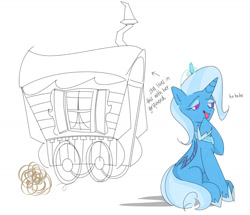 Size: 1440x1237 | Tagged: safe, artist:dampfurz, imported from derpibooru, trixie, alicorn, pony, alicornified, jewelry, laughing, open mouth, race swap, regalia, simple background, sitting, sketch, smiling, smirk, solo, tiara, trixie's wagon, trixiecorn, wagon, white background