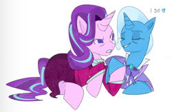 Size: 1366x893 | Tagged: safe, artist:dampfurz, imported from derpibooru, starlight glimmer, trixie, unicorn, the last problem, clothes, duo, eyes closed, female, frown, holding hooves, lesbian, lying down, ship:startrix, shipping, simple background, smiling, white background