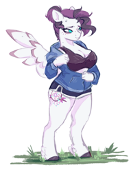 Size: 1056x1385 | Tagged: safe, artist:damayantiarts, imported from derpibooru, oc, oc only, anthro, pegasus, big breasts, breasts, clothes, hand, hooves, jacket, shorts, simple background, smiling, solo, sports bra, spread wings, sweat, sweatdrop, white background, wings