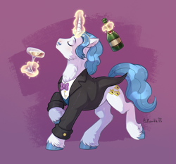 Size: 1621x1513 | Tagged: safe, artist:birdoffnorth, imported from derpibooru, fancypants, pony, unicorn, alcohol, bottle, champagne, cheek fluff, chest fluff, eyes closed, glass, levitation, magic, male, nose in the air, solo, stallion, telekinesis, unshorn fetlocks, wine, wine bottle, wine glass