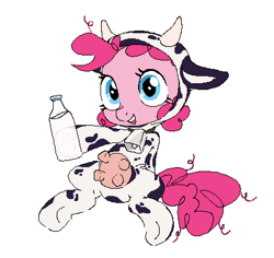 Size: 841x793 | Tagged: safe, artist:myra, imported from derpibooru, pinkie pie, earth pony, pony, animal costume, bell, bell collar, clothes, collar, costume, cow costume, cow suit, cowbell, cowprint, cute, female, filly, filly pinkie pie, foal, g4, glass of milk, kigurumi, mare, milk, milk bottle, open mouth, open smile, sitting, smiling, udder, younger