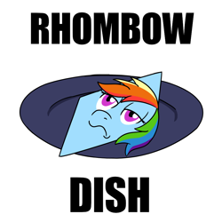 Size: 900x900 | Tagged: safe, artist:unitxxvii, imported from derpibooru, rainbow dash, caption, female, frown, image macro, lidded eyes, mare, plate, rainbow dash is not amused, simple background, solo, text, unamused, wat, white background