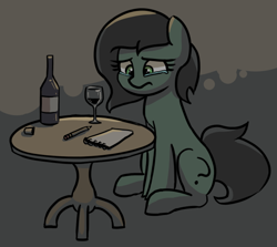 Size: 580x517 | Tagged: source needed, safe, artist:plunger, imported from twibooru, oc, oc:filly anon, earth pony, pony, abstract background, alcohol, bill, bottle, crying, date, female, filly, glass, image, png, sitting, solo, table, wine, wine bottle, wine glass