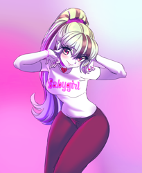 Size: 1526x1865 | Tagged: safe, artist:rileyav, imported from derpibooru, sonata dusk, human, equestria girls, breasts, busty sonata dusk, clothes, female, gradient background, looking at you, ponytail, smiling, smiling at you, solo, standing, wide hips