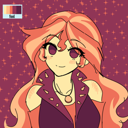 Size: 3000x3000 | Tagged: safe, artist:rileyav, imported from derpibooru, sunset shimmer, human, equestria girls, blushing, bust, clothes, color palette challenge, eye clipping through hair, eyebrows, eyebrows visible through hair, female, high res, jewelry, limited palette, looking at you, necklace, red background, simple background, smiling, solo, sparkles