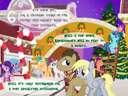 Size: 827x621 | Tagged: safe, artist:bronybyexception, imported from derpibooru, derpy hooves, dinky hooves, doctor whooves, hitch trailblazer, izzy moonbow, pipp petals, sunny starscout, time turner, zipp storm, earth pony, pegasus, unicorn, 8 foot candy cane, advent calendar, applejack (g5), bag, candy, candy cane, christmas, christmas tree, clothes, female, filly, fluttershy (g5), foal, food, g5, holiday, male, mane five, mane six (g5), mare, misty brightdawn, pinkie pie (g5), rainbow dash (g5), rarity (g5), scarf, selfie stick, shopping bag, snow, stallion, time travel, tongue out, tongue stuck to pole, tree, twilight sparkle (g5), winter, wreath