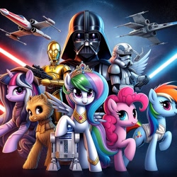 Size: 1024x1024 | Tagged: safe, imported from derpibooru, pinkie pie, princess celestia, rainbow dash, twilight sparkle, pony, ai content, ai generated, c-3po, chewbacca, crossover, darth vader, female, generator:bing image creator, heterochromia, mare, movie poster, ponified, prompter:pawels, r2-d2, star wars, stormtrooper, wrong cutie mark