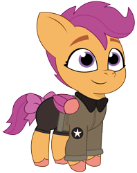 Size: 852x1075 | Tagged: safe, artist:edy_january, artist:prixy05, edit, imported from derpibooru, vector edit, scootaloo, pegasus, pony, children, clothes, denim, foal, g4, g4 to g5, g5, generation leap, girls und panzer, jacket, jeans, military, military pony, military uniform, my little pony: tell your tale, pants, ponytail, saunders, short pants, simple background, solo, transparent background, uniform, united states, vector