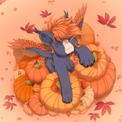 Size: 2500x2500 | Tagged: safe, artist:medkit, imported from derpibooru, oc, oc only, oc:ruby the exorcist, hybrid, original species, pegasus, pony, adam's apple, ashberry, autumn, autumn leaves, berry, blaze (coat marking), blue coat, butt fluff, chest fluff, claws, coat markings, colored claws, colored ear fluff, colored eyebrows, colored eyelashes, colored lineart, colored muzzle, colored tassels, colored wings, commission, cute, ear fluff, elderberry (berry), eye clipping through hair, eyebrows, eyebrows visible through hair, eyes closed, facial markings, fangs, feathered wings, field, floppy ears, flower, food, full body, harvest, head up, heart shaped, heterochromia, high res, hoof fluff, leaf, leaves, lightly watermarked, male, orange mane, orange tail, paint tool sai 2, paw pads, paws, pegasus oc, perspective, physalis, png, pumpkin, short mane, signature, sketch, smiling, solo, spread wings, stallion, sternocleidomastoid, tail, tassels, wall of tags, watermark, wing fluff, wings, ych result