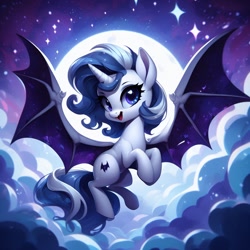 Size: 1024x1024 | Tagged: safe, imported from derpibooru, oc, oc only, alicorn, bat pony, bat pony alicorn, pony, unicorn, ai assisted, ai content, ai generated, bat pony oc, bat wings, cloud, cute, cute little fangs, cutie mark, fangs, female, filly, flying, foal, generator:bing image creator, horn, looking at you, moon, night, open mouth, prompter:be yourself, solo, stars, wings