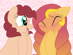 Size: 1060x801 | Tagged: safe, artist:faith-wolff, imported from derpibooru, oc, oc only, oc:flare sparks, oc:peach winnimere pie, earth pony, pegasus, pony, blushing, blushing profusely, bust, duo, eyes closed, female, mare, offspring, parent:cheese sandwich, parent:flash sentry, parent:pinkie pie, parent:sunset shimmer, parents:cheesepie, parents:flashimmer, story included