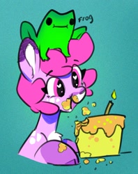 Size: 1536x1936 | Tagged: safe, artist:opalacorn, imported from derpibooru, oc, oc only, earth pony, frog, pony, birthday cake, bust, cake, cloven hooves, eating, female, food, frog hat, heart, heart eyes, mare, messy eating, open mouth, open smile, smiling, wingding eyes