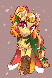 Size: 1382x2041 | Tagged: safe, artist:opalacorn, imported from derpibooru, oc, oc only, oc:daylily crescent, earth pony, pony, boots, brown background, cloak, clothes, commission, female, holly, mare, shoes, simple background, snow, snowfall, solo