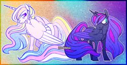 Size: 1964x1016 | Tagged: safe, artist:mrraapeti, imported from derpibooru, princess celestia, princess luna, alicorn, pony, alternate hairstyle, duo