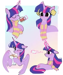 Size: 1722x2047 | Tagged: safe, artist:petaltwinkle, imported from derpibooru, twilight sparkle, alicorn, fish, pony, unicorn, blushing, bucket, chocolate, clothes, cute, drink, drinking, earmuffs, female, floppy ears, food, glowing, glowing horn, horn, hot chocolate, mare, mug, one eye closed, passepartout, scarf, simple background, smiling, snow, snowball, snowflake, solo, striped scarf, tongue out, twiabetes, twilight sparkle (alicorn), unicorn twilight, white background