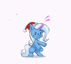 Size: 3018x2713 | Tagged: safe, artist:buvanybu, imported from derpibooru, trixie, pony, unicorn, >:3, animated, bipedal, christmas, dancing, gif, glowing, glowing horn, hat, holiday, horn, magic, santa hat, simple background, solo, white background