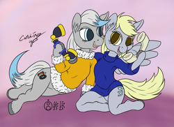 Size: 1500x1090 | Tagged: safe, alternate version, artist:sepiakeys, imported from derpibooru, derpy hooves, oc, oc:dizzy doo, pony, clothes, g4, phone, sweater