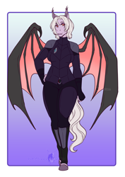 Size: 2456x3472 | Tagged: safe, alternate version, artist:blackblood-queen, imported from derpibooru, oc, oc only, oc:violet thorn, anthro, bat pony, unguligrade anthro, anthro oc, bat pony oc, bat wings, breasts, clothes, commission, digital art, fangs, female, mare, night guard, slit pupils, smiling, solo, uniform, wings