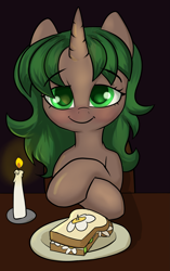 Size: 1919x3048 | Tagged: safe, artist:dumbwoofer, imported from derpibooru, oc, oc:pine shine, pony, unicorn, blushing, candle, candlelight, daffodil and daisy sandwich, female, flower, food, looking at you, mare, sandwich, sitting, smiling, smiling at you, solo, table