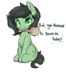 Size: 3804x4173 | Tagged: source needed, safe, artist:dumbwoofer, imported from derpibooru, imported from twibooru, oc, oc:filly anon, pony, brush, brush request, brushie, chest fluff, crying, ear fluff, female, filly, foal, image, looking at you, messy mane, mouth hold, one ear down, png, simple background, sitting, solo, text, transparent background, white outline