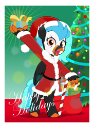 Size: 3654x5000 | Tagged: safe, artist:jhayarr23, imported from derpibooru, oc, oc only, oc:icebeak, classical hippogriff, hippogriff, candy, candy cane, christmas, christmas tree, clothes, commission, costume, food, hat, holding, holiday, present, santa costume, santa hat, tree, ych result