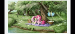 Size: 2532x1170 | Tagged: safe, artist:0230137, imported from derpibooru, fluttershy, pinkie pie, earth pony, pegasus, pony, balloon, basket, blanket, crepuscular rays, female, juice, juice box, lesbian, picnic, picnic basket, picnic blanket, ship:flutterpie, shipping, tree