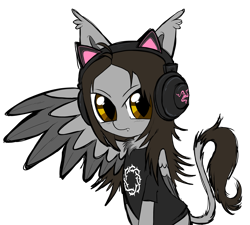 Size: 5000x4500 | Tagged: safe, artist:cactuscruncher, derpibooru exclusive, imported from derpibooru, hybrid, pony, absurd resolution, blank expression, brown hair, brown mane, cat ear headphones, chest fluff, clothes, colored wings, colored wingtips, cutie mark, cutie mark on clothes, ear tufts, folded wing, gray coat, half body, half-sphinx, headphones, looking at you, male, noah sebastian, ponified, sharp teeth, shirt, simple background, sitting, slit pupils, solo, stallion, t-shirt, teeth, transparent background, wing gesture, wings, yellow eyes