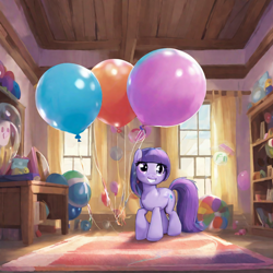 Size: 1024x1024 | Tagged: safe, imported from derpibooru, izzy moonbow, ai content, alternate hairstyle, balloon, g5, missing horn, questionable source, story in the source, that pony sure does love balloons