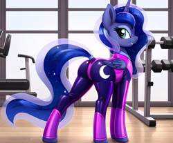 Size: 2320x1920 | Tagged: safe, artist:dovakkins, derpibooru exclusive, imported from derpibooru, princess luna, alicorn, pony, ai assisted, ai content, blushing, butt, clothes, female, g4, generator:easyfluff v11.2, gym, horn, latex, latex suit, leotard, looking at you, looking back, looking back at you, mare, moonbutt, smiling, smiling at you, solo, teeth