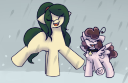 Size: 1806x1171 | Tagged: safe, artist:puppie, imported from derpibooru, oc, oc only, oc:myrtle remedy, oc:raevyn, earth pony, pegasus, animated, fun, gif, happy, laughing, rain, simple background, splashing, water