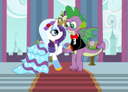 Size: 1280x927 | Tagged: safe, artist:rubyponywolf22, imported from derpibooru, rarity, spike, dragon, pony, unicorn, blushing, bowtie, clothes, dress, duo, eyeshadow, female, flower, flower in hair, grin, holding hoof, jewelry, makeup, male, older, older spike, ring, ship:sparity, shipping, smiling, straight, suit, wedding dress, wedding ring, winged spike, wings