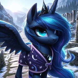 Size: 1024x1024 | Tagged: safe, imported from ponybooru, princess luna, alicorn, pony, ai content, ai generated, bing, clothes, dutch angle, female, jewelry, mare, regalia, ruins, smiling, snow, solo, spread wings, wings