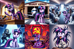 Size: 3072x2048 | Tagged: safe, imported from derpibooru, twilight sparkle, alicorn, human, pony, ai content, ai generated, airport, angry, bondage, communism, computer, conspiracy, courtroom, francis e. dec, generator:bing image creator, gun, hallucination, helmet, insanity, messy mane, nose art, paranoid twilight, pipe, plane, scared, schizophrenia, scowl, sequence, smoke, smoking, straitjacket, tongue out, twilight snapple, twilight sparkle (alicorn), twilighting, weapon, wires, wrong cutie mark, yelling