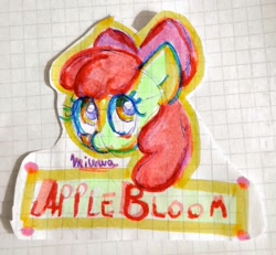 Size: 1024x946 | Tagged: safe, artist:m1ww4, imported from derpibooru, apple bloom, earth pony, pony, bust, female, filly, foal, graph paper, portrait, solo, text, traditional art