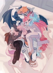 Size: 2967x4096 | Tagged: safe, artist:saxopi, imported from derpibooru, oc, oc only, bat pony, semi-anthro, arm hooves, bat pony oc, bat wings, bed, clothes, commission, eyes closed, in bed, overhead view, panties, sleeping, trio, underwear, wings