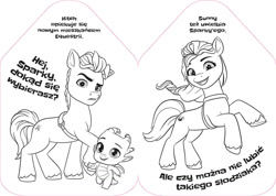 Size: 1200x853 | Tagged: safe, imported from derpibooru, hitch trailblazer, sunny starscout, dragon, earth pony, 2d, coloring book, coloring page, cute, g5, hitchbetes, official, poland, polish, sparky sparkeroni, sparkybetes, sunnybetes, translated in the description