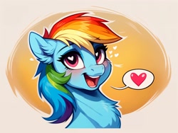 Size: 1920x1440 | Tagged: safe, imported from derpibooru, rainbow dash, pegasus, pony, ai content, ai generated, chest fluff, ear fluff, female, g4, generator:easyfluff v11.2, heart, heart eyes, looking at you, mare, open mouth, open smile, prompter:siber, simple background, smiling, smiling at you, solo, speech bubble, wingding eyes