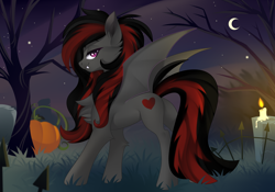 Size: 4000x2800 | Tagged: safe, artist:xvostik, imported from derpibooru, oc, oc only, oc:se solar eclipse, bat pony, pony, undead, vampire, butt, candle, chest fluff, crescent moon, cutie mark, dead tree, ear fluff, fangs, female, fluffy mane, fluffy tail, graveyard, gray coat, halloween, halloween 2023, heart, holiday, looking at you, moon, night, nightmare night, plot, pony oc, pose, pumpkin, purple eyes, red and black mane, smiling, smiling at you, smirk, solo, solo female, solo focus, spread wings, stars, sultry, sultry pose, tail, tree, wings